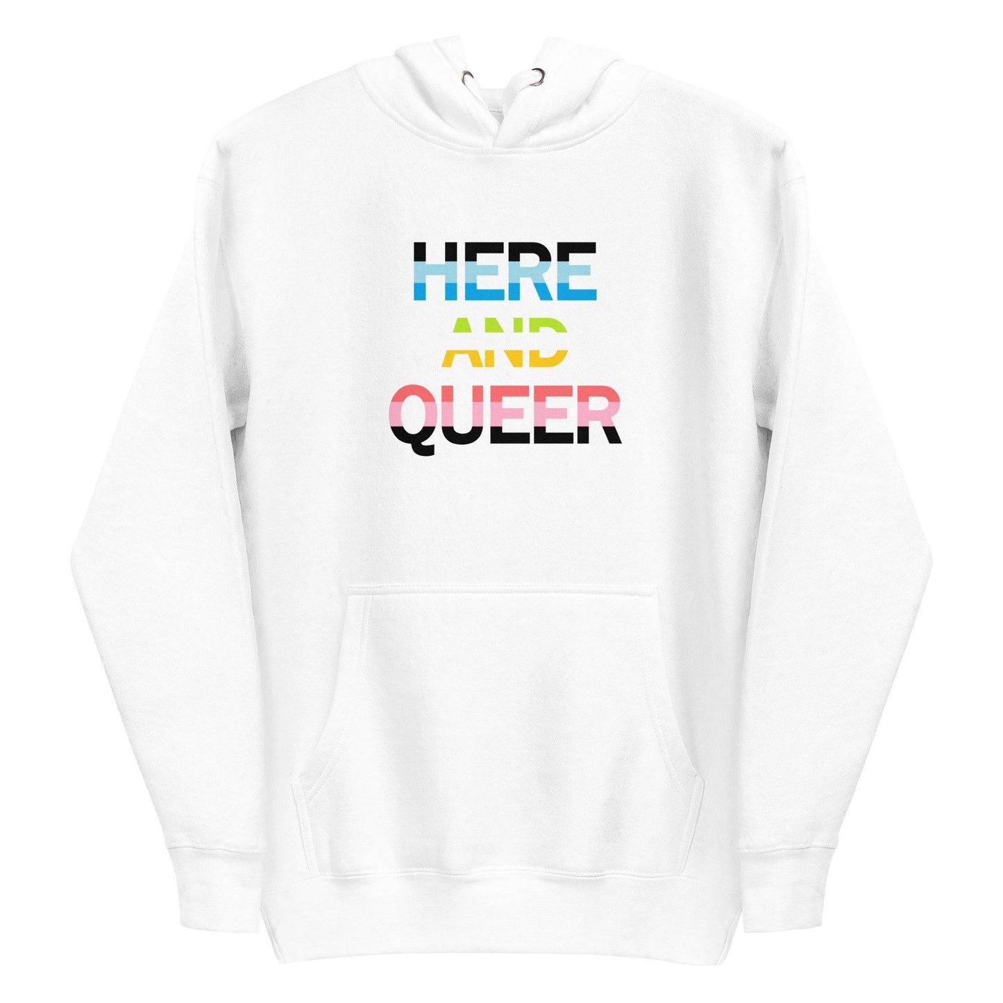 Team Royal "Here And Queer" hoodie by Pridelity, featuring rainbow gradient text on the front.