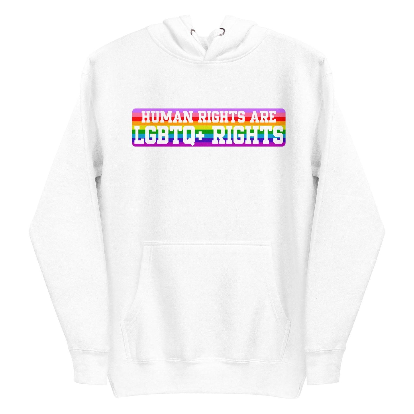 Introducing the Pridelity LGBTQ+ Rights Hoodie, a striking white garment that makes a powerful fashion statement. It features an eye-catching text design with the message "Human Rights Are LGBTQ+ Rights" set against a lively rainbow backdrop, capturing the essence of pride apparel with its inspiring message.