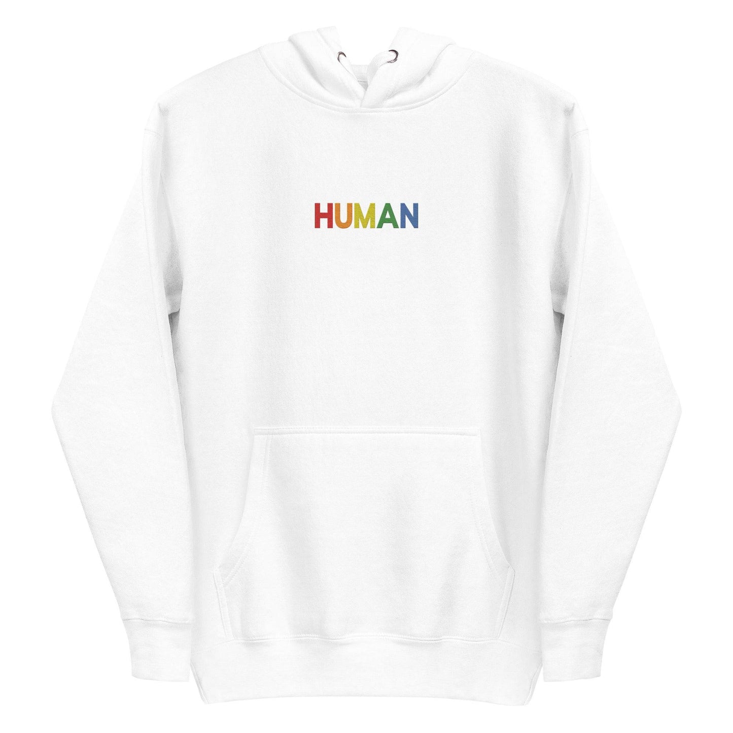 A folded Pridelity Human Hoodie, showcasing a crisp white design with "HUMAN" embroidered in vibrant rainbow colors on the front. The hood is laid flat, with its drawstrings visible, celebrating individuality and self-expression.