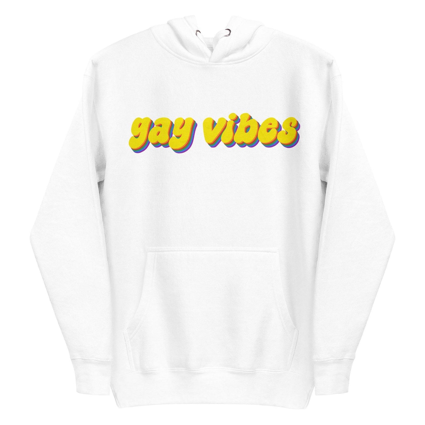A Carbon Grey Gay Vibes Hoodie by Pridelity features the phrase "gay vibes" displayed in bold, colorful 3D-style yellow and purple text across the chest.