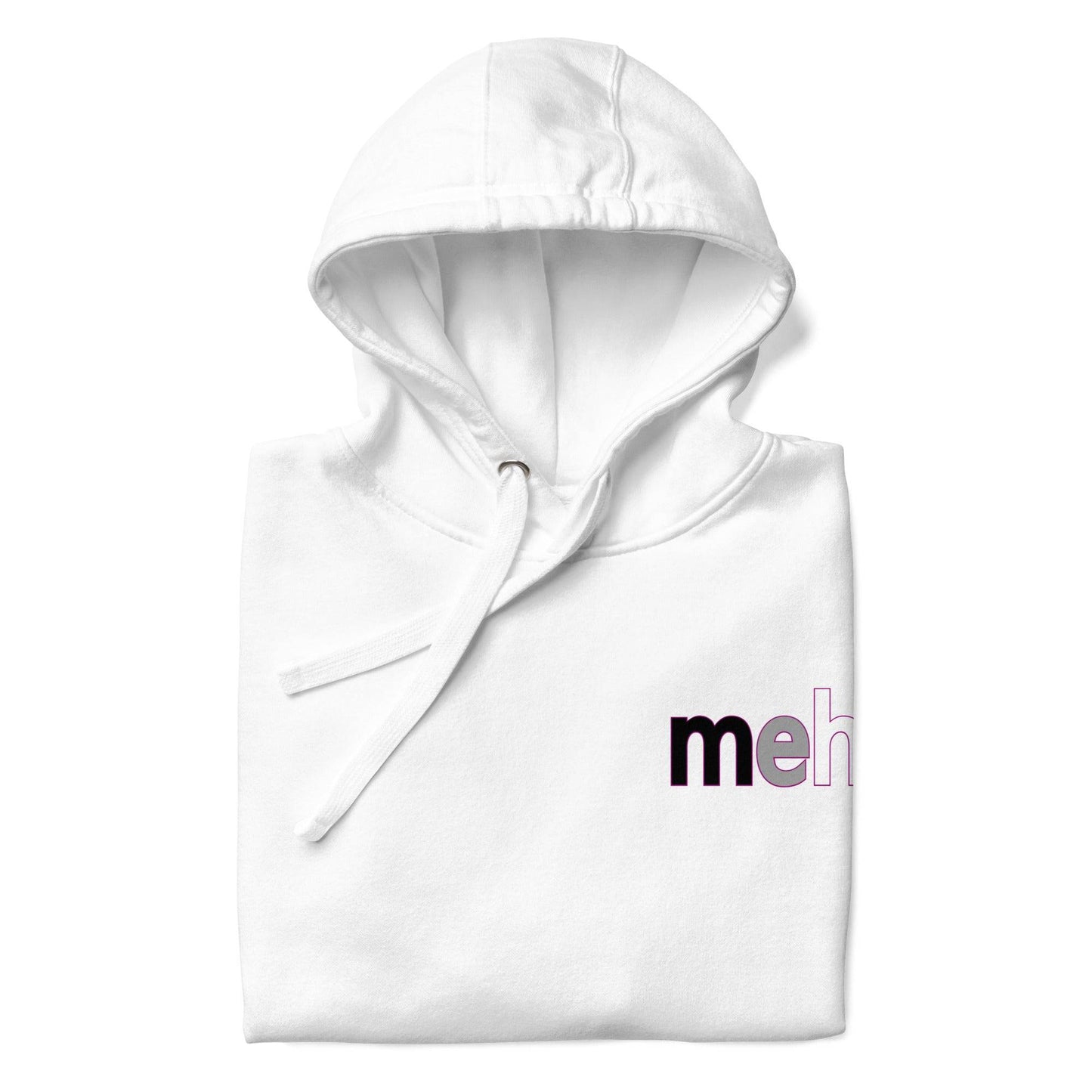 Introducing the Meh. Hoodie by Pridelity, featuring bold black and purple "meh." text on the upper left chest, reminiscent of pride shirts. This stylish white hoodie comes with a front pocket and an adjustable drawstring hood for added comfort and style.