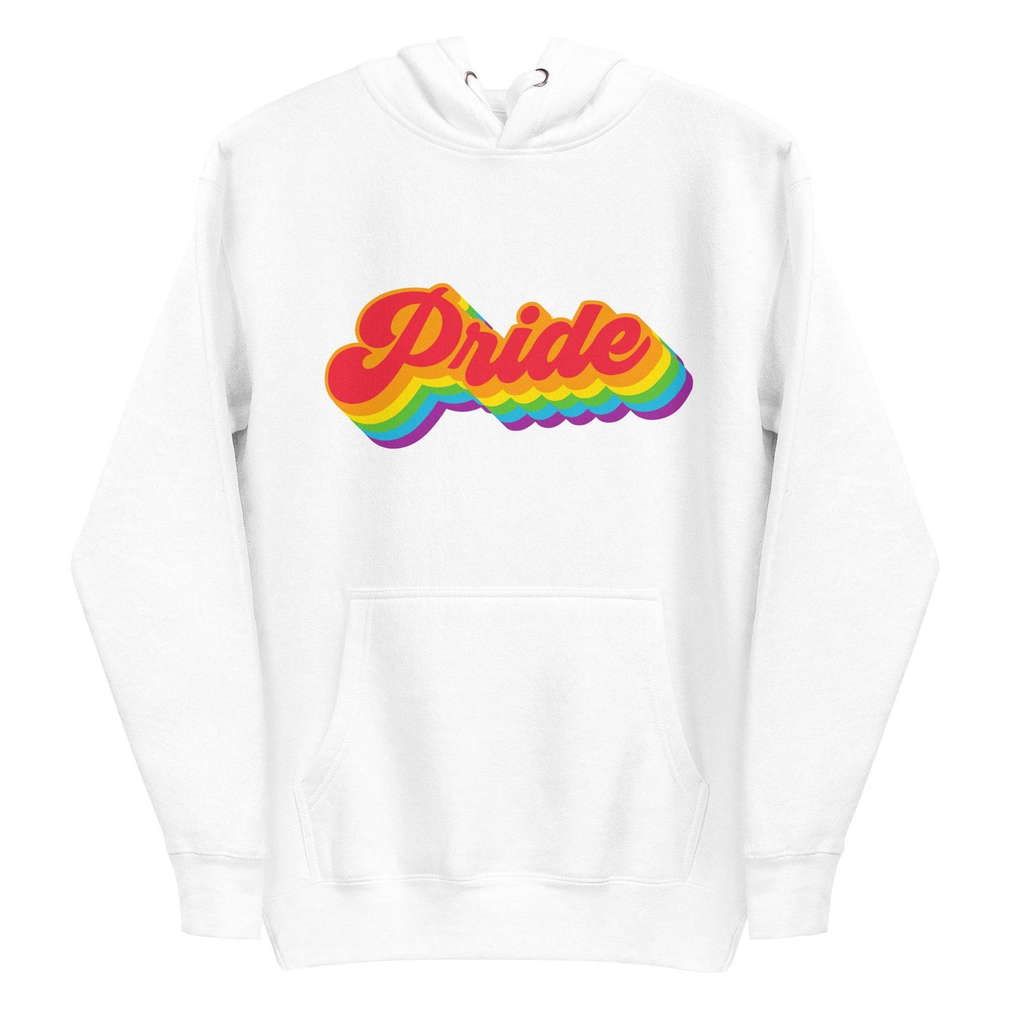 Presenting the Pride Hoodie from Pridelity, this standout piece features "Pride" in bold, colorful 3D-style letters with a striking rainbow gradient effect on its white fabric, proudly showcasing its vibrant design front and center.