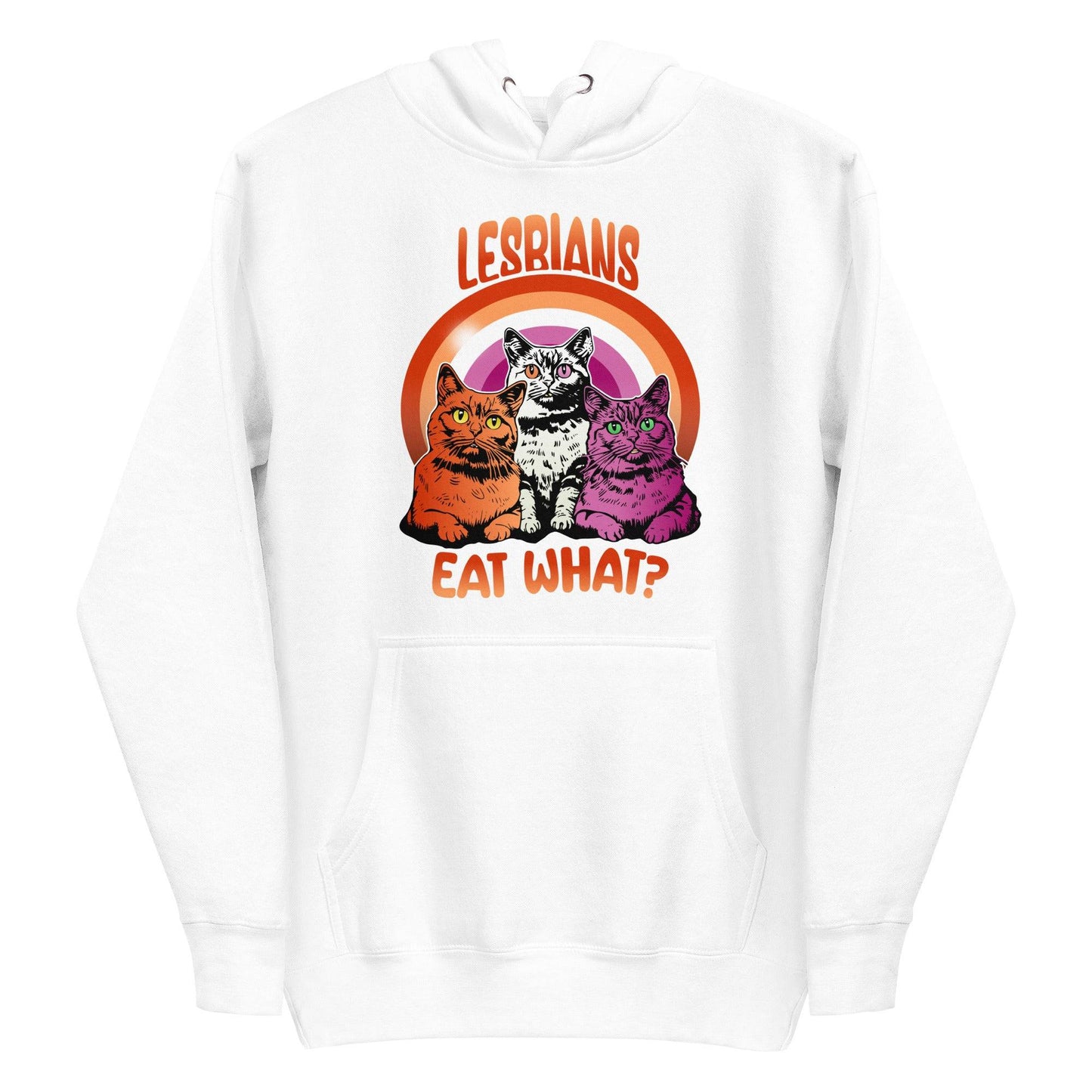 The maroon "Lesbians Eat What?" hoodie from Pridelity features three vibrant cats set against a rainbow background. The word "Lesbians" is prominently displayed above, with the humorous phrase "Eat What?" boldly written below, making it an ideal pride garment for those who want to express their style and humor.