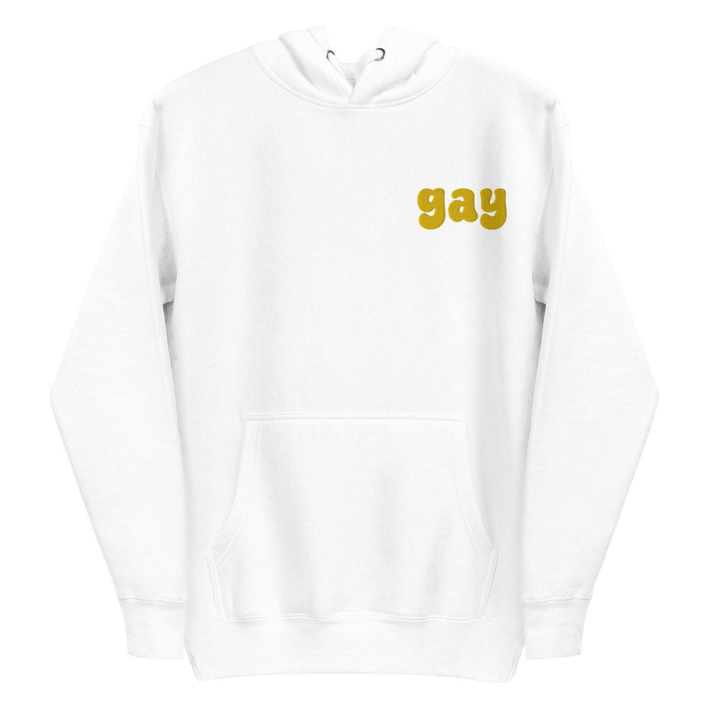 The Pridelity Gay Hoodie, featuring "gay" emblazoned in vibrant yellow text on the front, celebrates love and identity in a bold Team Royal color.