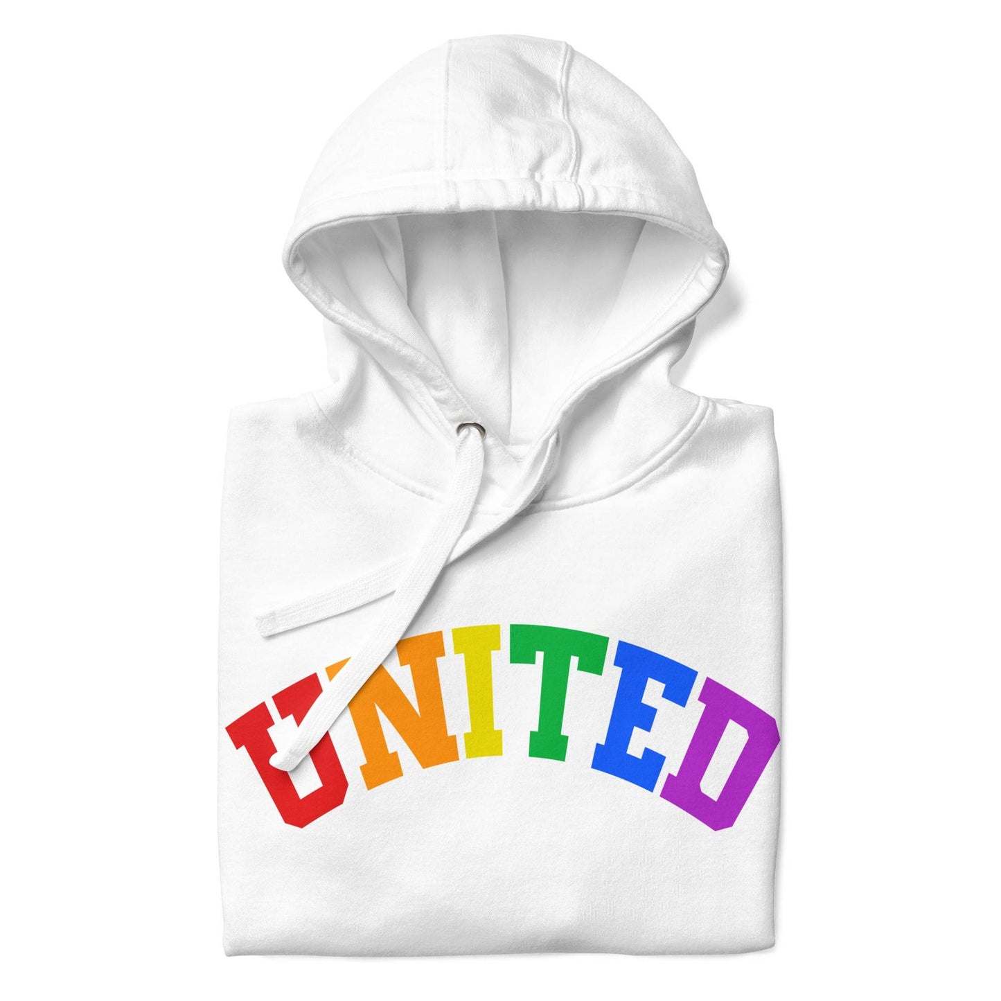 The United Hoodie by Pridelity, part of the Pride Collection, features "UNITED" in vibrant rainbow colors on the front to represent LGBTQ+ unity and diversity. It's expertly folded with the hood arranged on top.