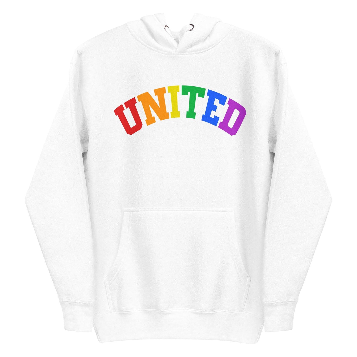 The United Hoodie by Pridelity, part of the Pride Collection, features "UNITED" in vibrant rainbow colors on the front to represent LGBTQ+ unity and diversity. It's expertly folded with the hood arranged on top.