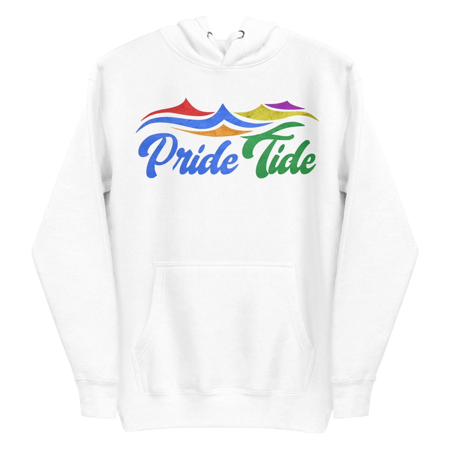 Experience the vibrant Pride Tide Hoodie by Pridelity, featuring a colorful wave design above "Pride Tide" in gradient rainbow colors on a sleek black canvas, symbolizing LGBTQ+ pride.