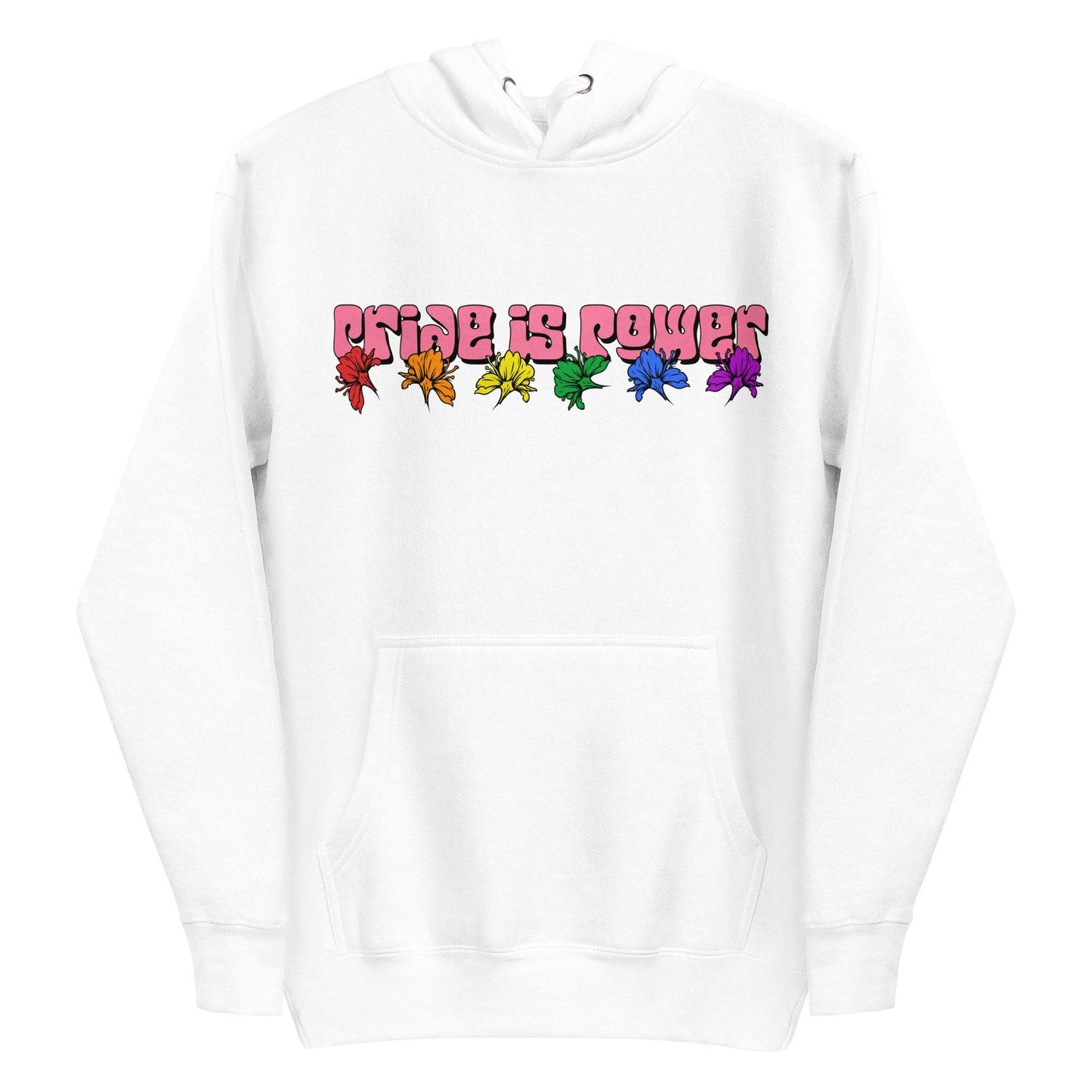 Introducing the "Pride Is Power Hoodie" by Pridelity: This white hoodie showcases the empowering message "Pride is Power" in bold, colorful letters above a vibrant rainbow row of leaves. It is a proud representation of diversity and inclusivity, perfectly complementing our pride shirts collection that celebrates unity.