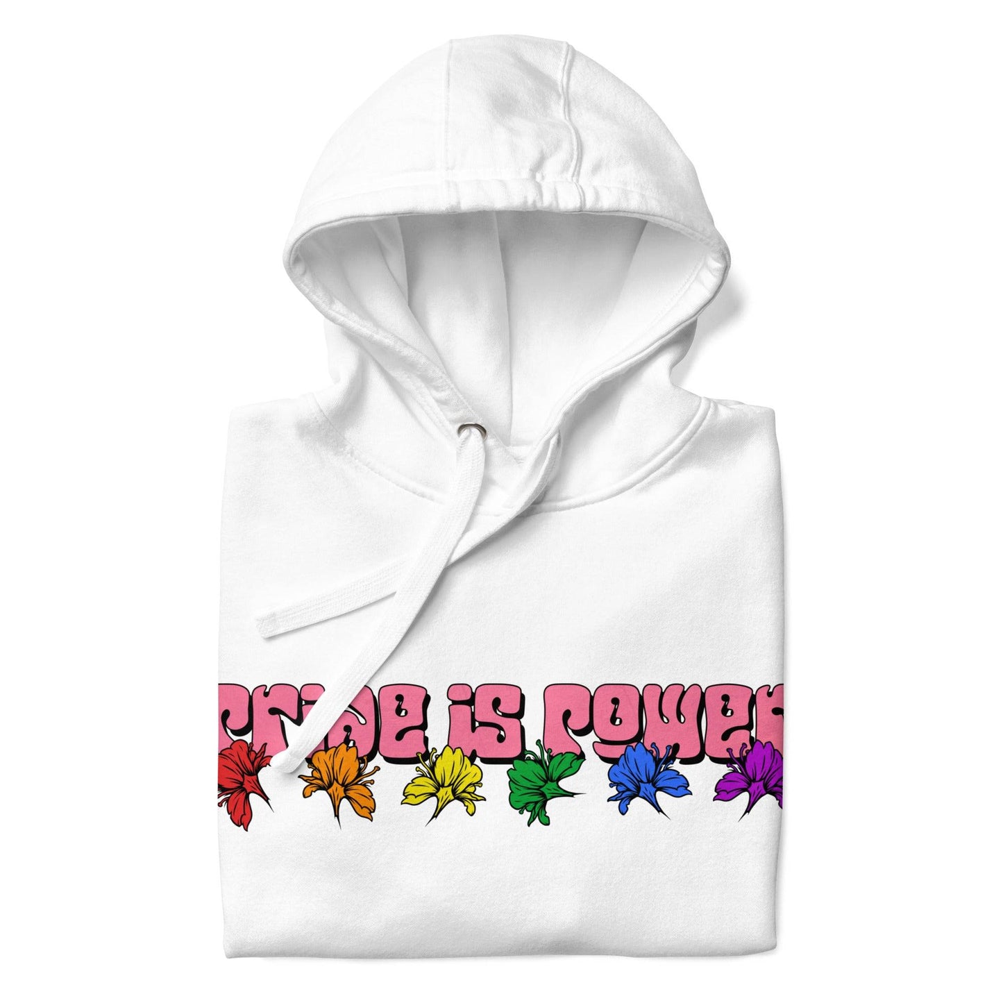 Introducing the "Pride Is Power Hoodie" by Pridelity: This white hoodie showcases the empowering message "Pride is Power" in bold, colorful letters above a vibrant rainbow row of leaves. It is a proud representation of diversity and inclusivity, perfectly complementing our pride shirts collection that celebrates unity.