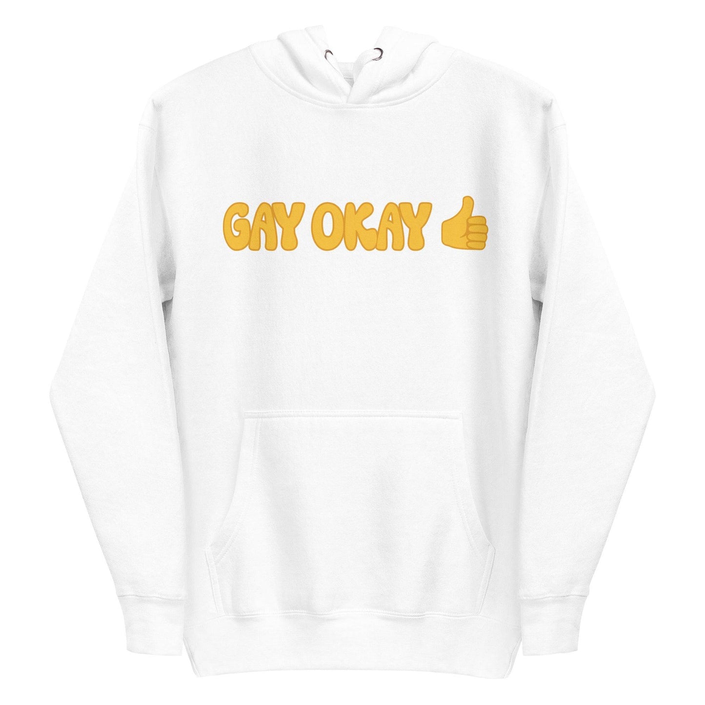 Introducing the Gay Okay Hoodie by Pridelity, a white pride hoodie showcasing "GAY OKAY" in bold yellow bubble letters on the front. It features a delightful yellow thumbs-up emoji and is designed with a cozy front pocket and adjustable drawstrings, making it perfect for celebrating identity and style.