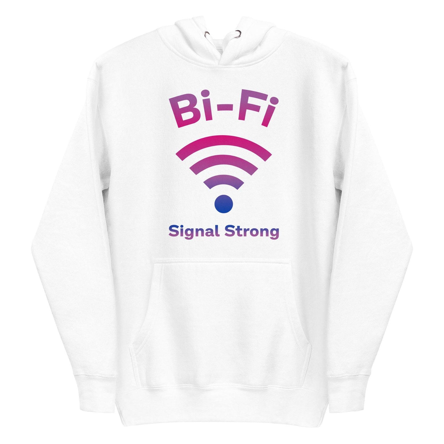 Introducing the Bi-Fi Hoodie by Pridelity, a stylish white hoodie from the Pride Collection. It features "Bi-Fi Signal Strong" in vibrant pink and purple text with a Wi-Fi symbol design—perfect Pride merch to showcase your connection and style.
