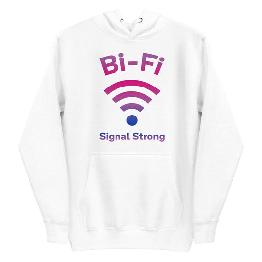 Introducing the Bi-Fi Hoodie by Pridelity, a stylish white hoodie from the Pride Collection. It features "Bi-Fi Signal Strong" in vibrant pink and purple text with a Wi-Fi symbol design—perfect Pride merch to showcase your connection and style.