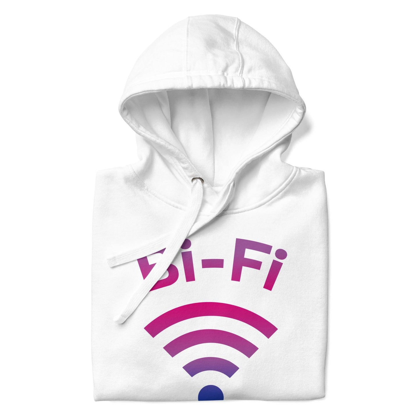 Introducing the Bi-Fi Hoodie by Pridelity, a stylish white hoodie from the Pride Collection. It features "Bi-Fi Signal Strong" in vibrant pink and purple text with a Wi-Fi symbol design—perfect Pride merch to showcase your connection and style.
