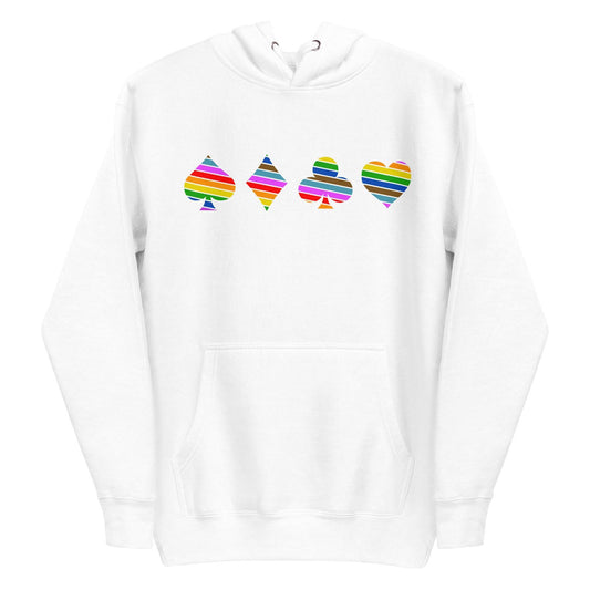 The Deck of Pride Hoodie by Pridelity, in a crisp white shade, showcases four playing card suit symbols: spade, diamond, club, and heart. Each symbol is embellished with vivid horizontal stripes. When laid flat with the hood up, it becomes a lively addition to your Pride merchandise collection.