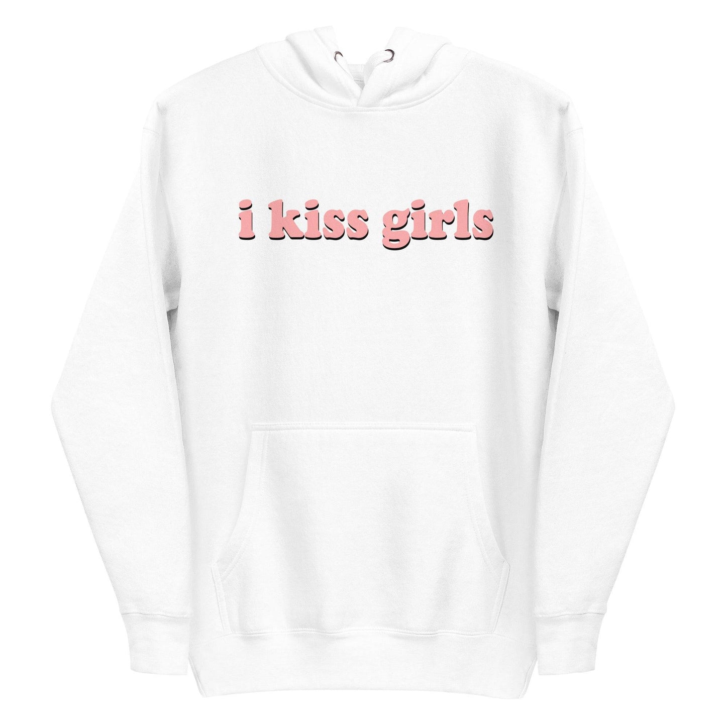 The "I Kiss Girls" Hoodie by Pridelity is a pride celebration in dusty rose, featuring bold, light pink lettering on the front, along with a convenient front pocket and drawstring hood.