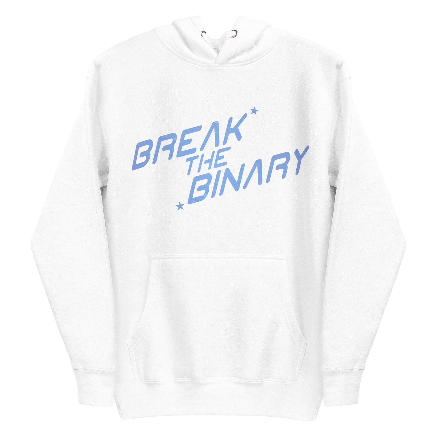 Introducing the "Break The Binary" Hoodie from Pridelity, available in a navy blazer hue. This exclusive piece from our Pride Merch collection showcases bold blue "Break the Binary" lettering across the front, accented by small star motifs and complemented with a convenient front pocket.