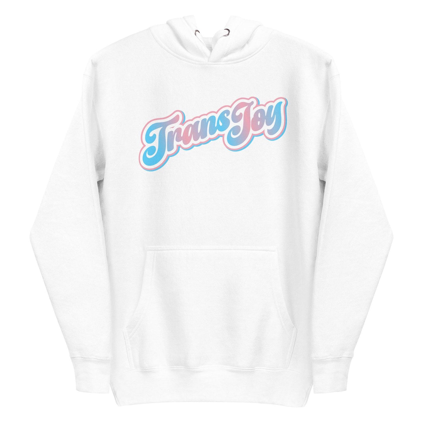 Introducing the Trans Joy Hoodie by Pridelity in Team Royal. This hoodie is a standout piece from the pride collection, showcasing "Trans Joy" printed in pastel pink, blue, and white on the front. It features a handy kangaroo pocket at the bottom, making it perfect for celebrating with style and embracing LGBTQ+ pride every day!