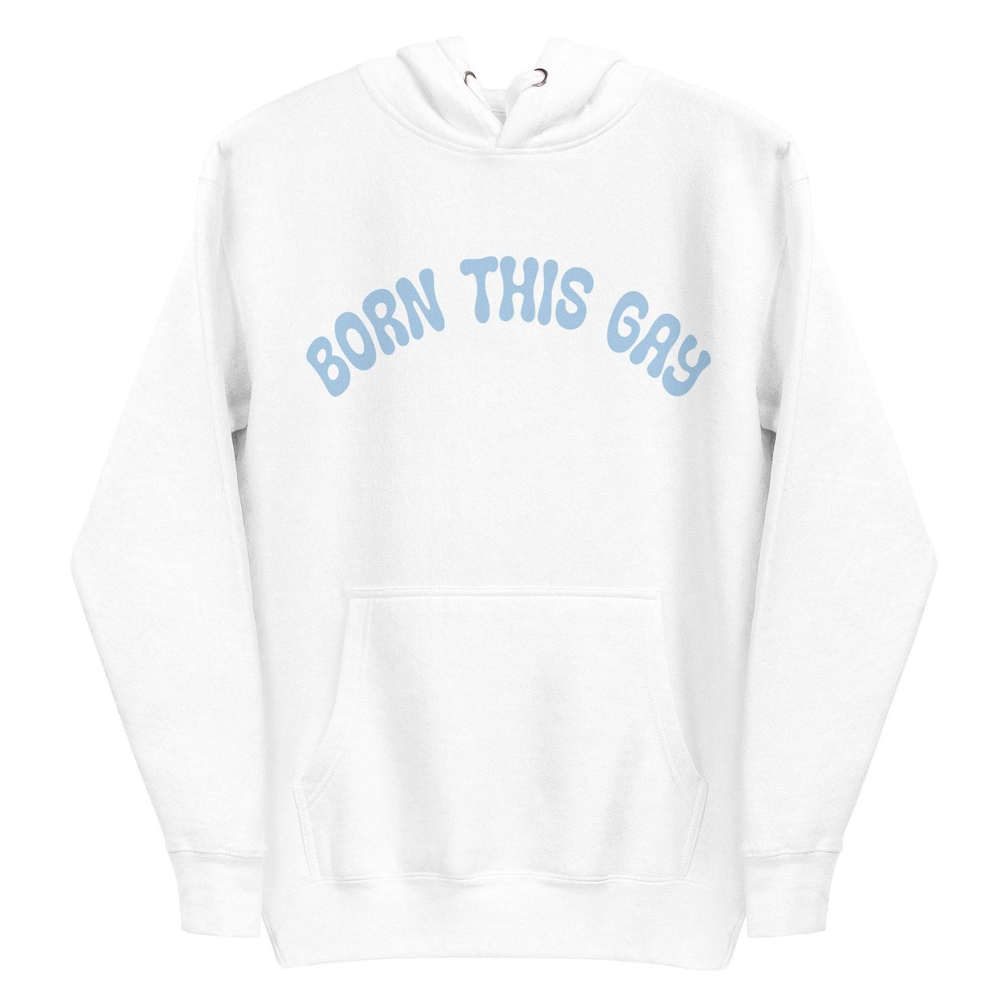 This navy blazer hoodie from Pridelity's Pride Collection prominently features "BORN THIS GAY" in light blue across the chest, complete with a convenient front pocket and a cozy drawstring hood, making it an essential piece of Pride Merch.