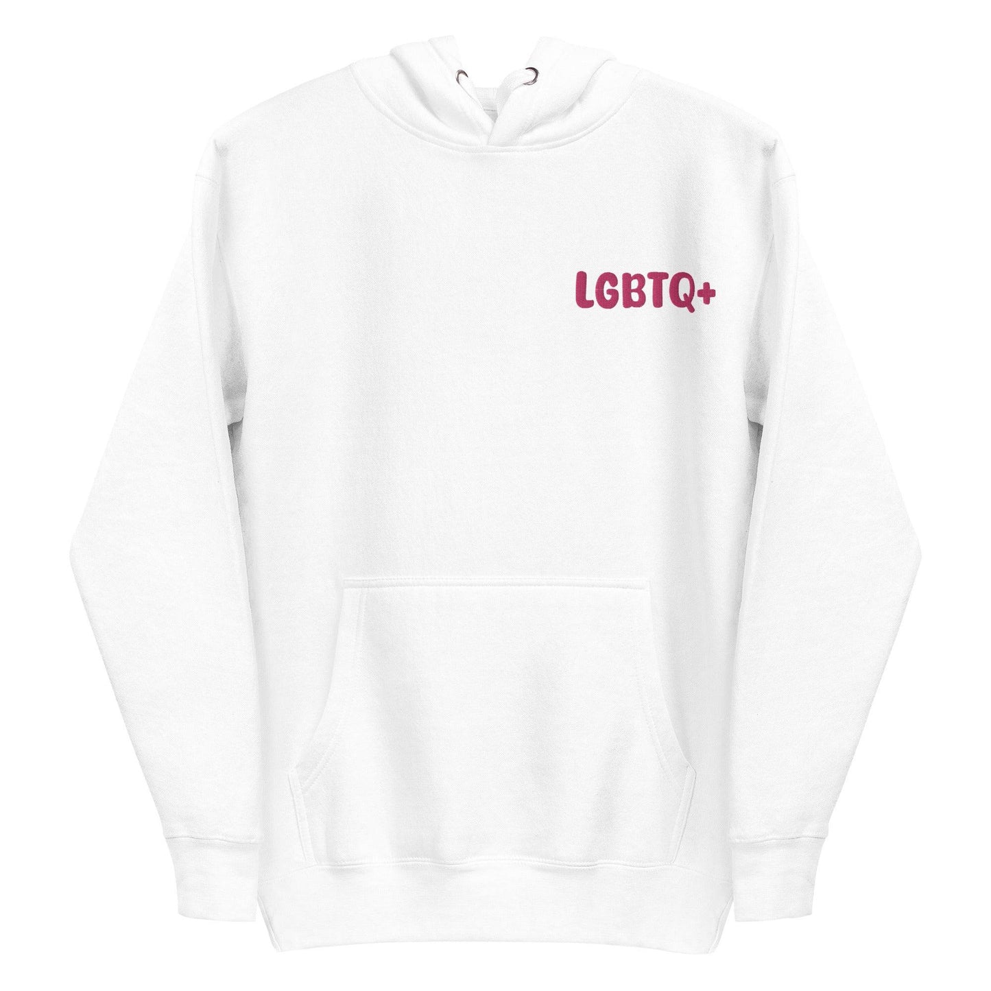 Introducing the Pridelity LGBTQ+ Hoodie in white, showcasing a small red "LGBTQ+" print on the left chest. This pride hoodie combines comfort and style, featuring a front pocket and drawstrings for those wishing to express their support with understated elegance.