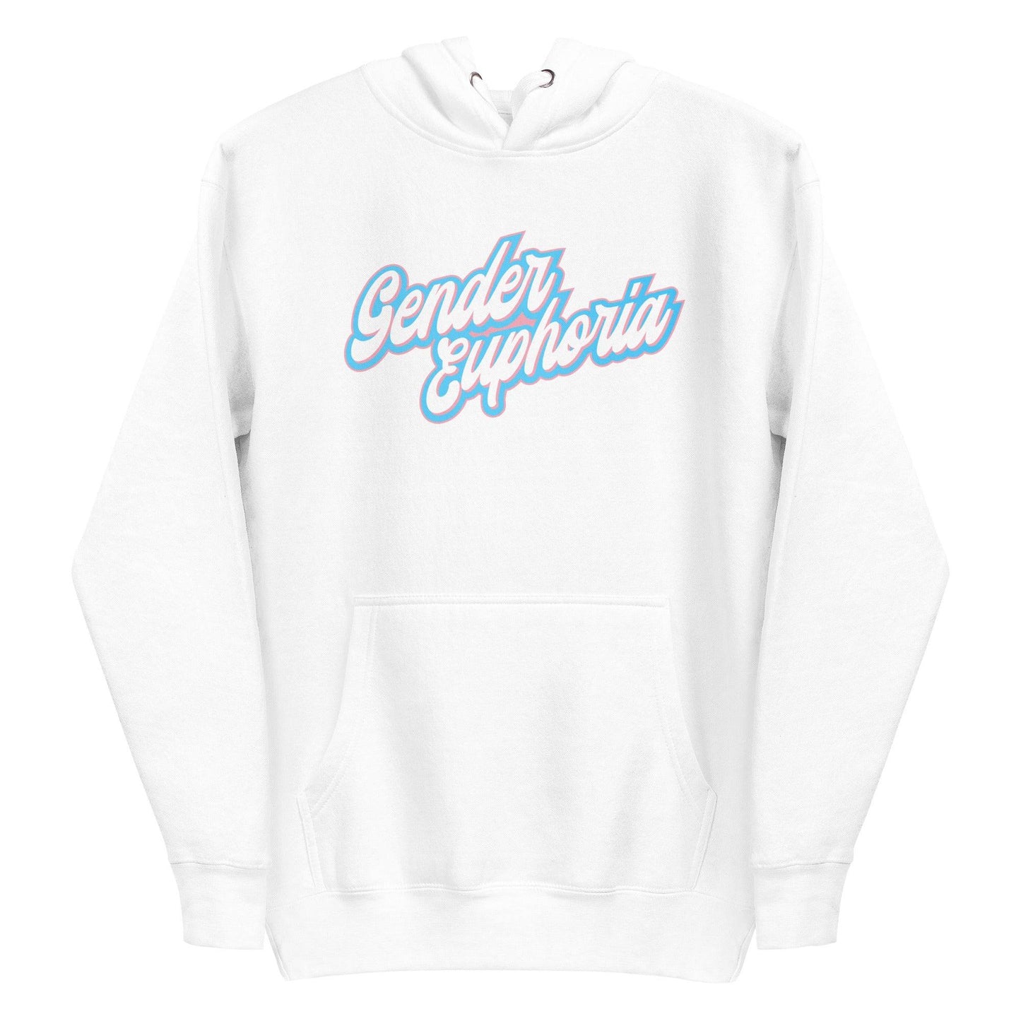 Introducing the Pridelity Gender Euphoria Hoodie, a stylish white piece adorned with "Gender Euphoria" in elegant blue and pink script across the chest. It features a front pocket and adjustable hood drawstrings for added comfort.