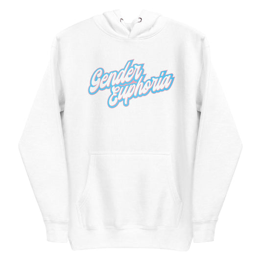 Introducing the Pridelity Gender Euphoria Hoodie, a stylish white piece adorned with "Gender Euphoria" in elegant blue and pink script across the chest. It features a front pocket and adjustable hood drawstrings for added comfort.