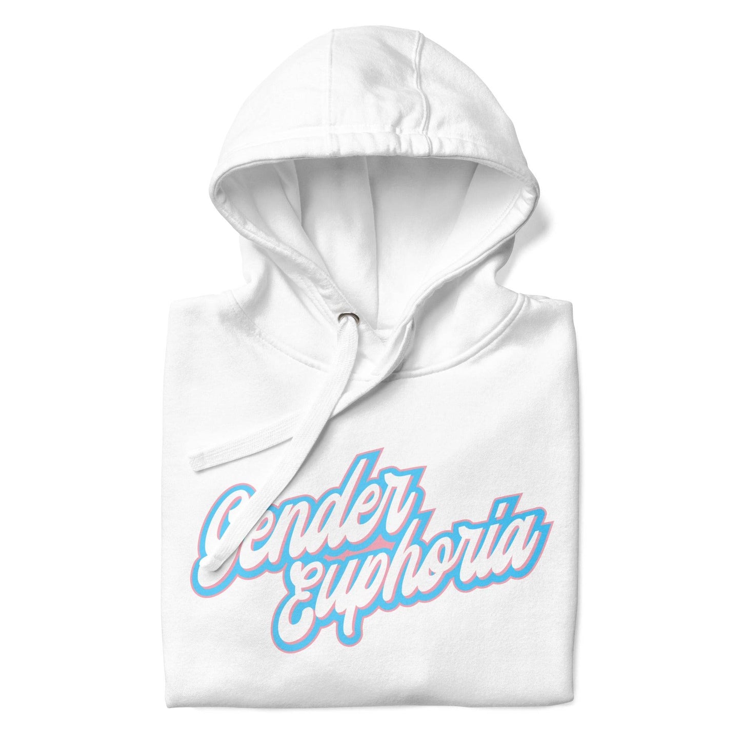 Introducing the Pridelity Gender Euphoria Hoodie, a stylish white piece adorned with "Gender Euphoria" in elegant blue and pink script across the chest. It features a front pocket and adjustable hood drawstrings for added comfort.