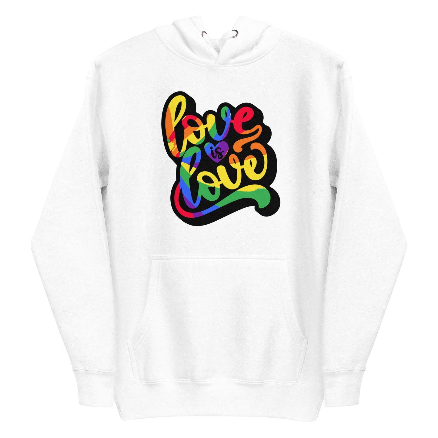 White Love Is Love Hoodie by Pridelity showcasing a vibrant "Love is Love" design on the front. The text displays a rainbow gradient, emphasizing inclusivity and support for the LGBTQ+ community, making it a standout among pride shirts.