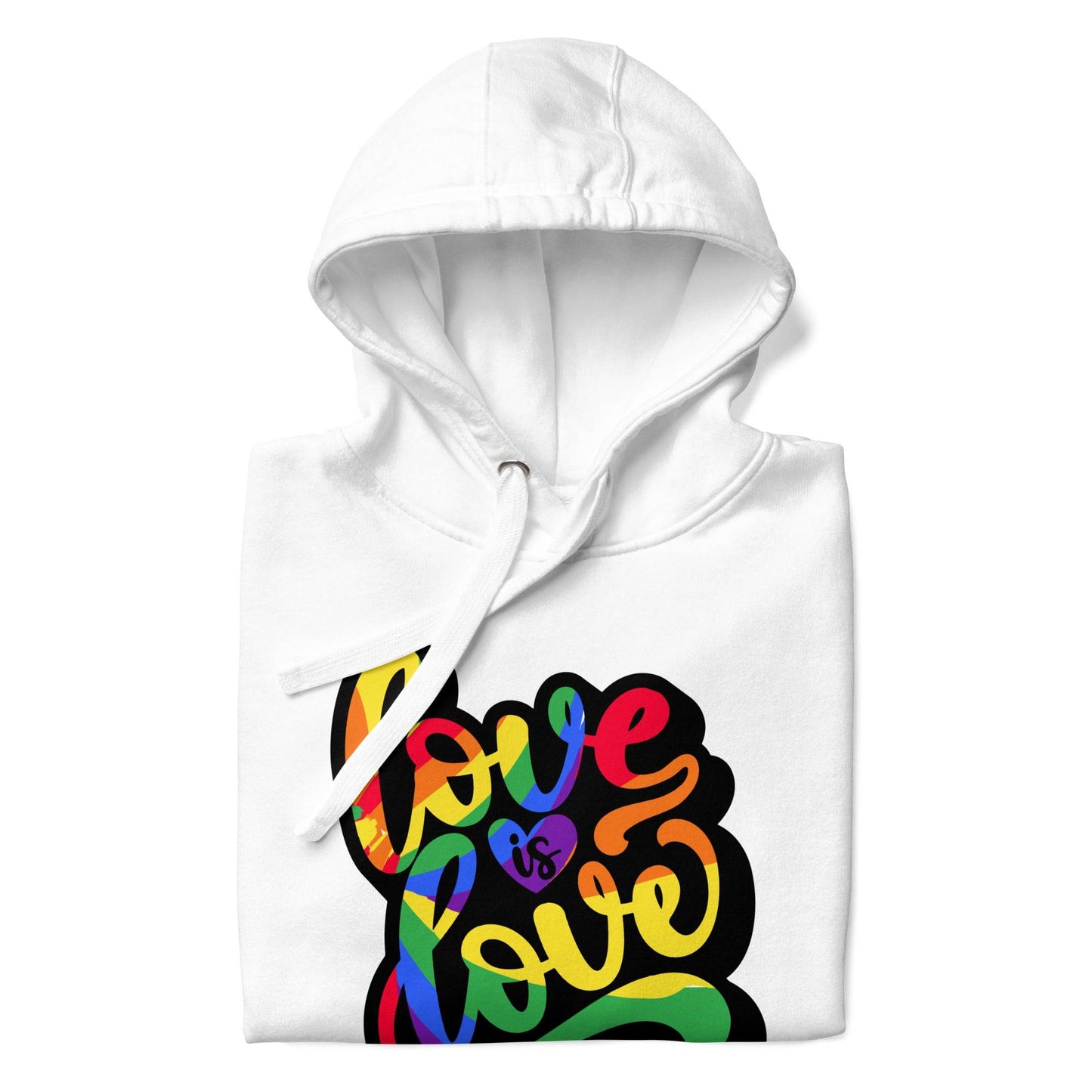 White Love Is Love Hoodie by Pridelity showcasing a vibrant "Love is Love" design on the front. The text displays a rainbow gradient, emphasizing inclusivity and support for the LGBTQ+ community, making it a standout among pride shirts.