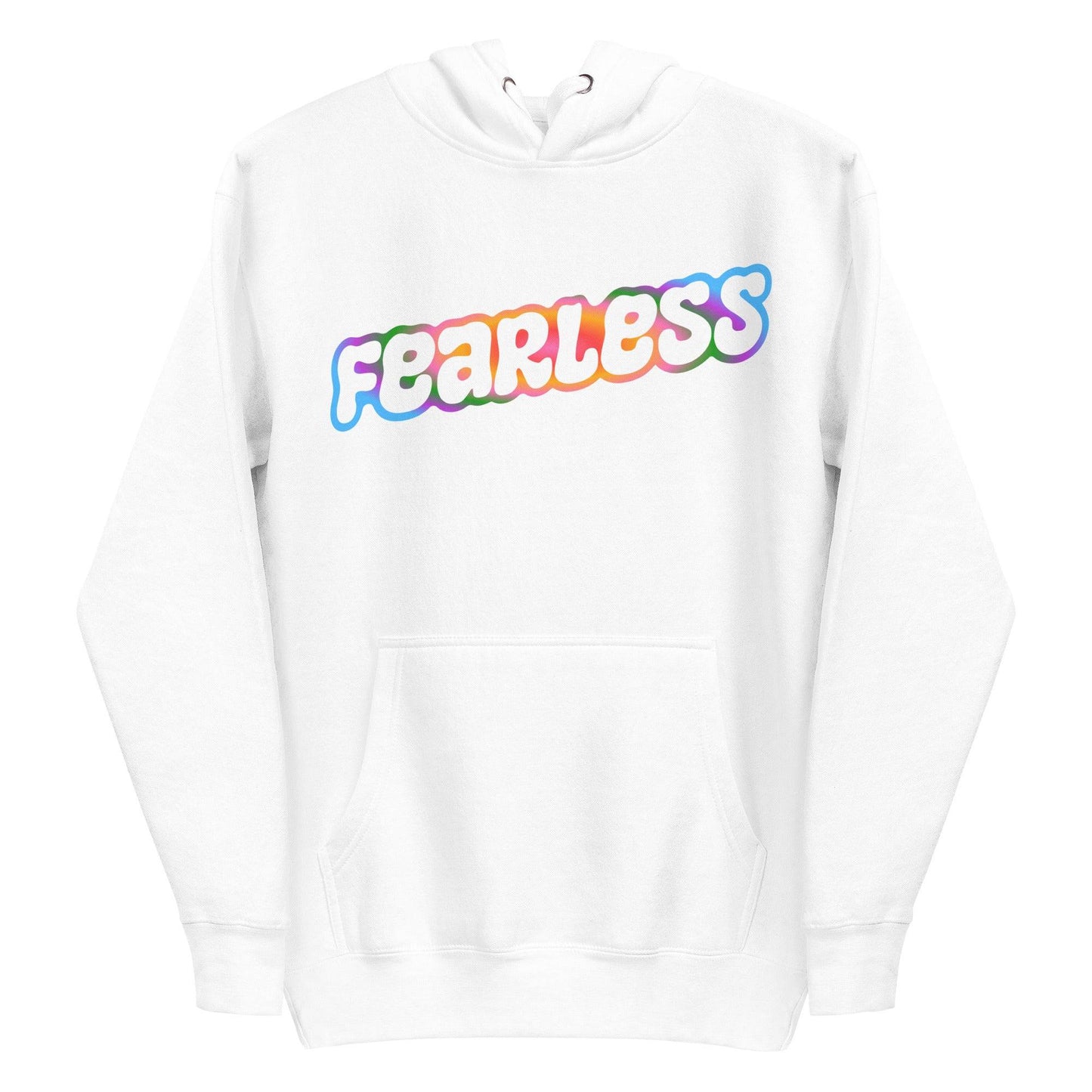 The Pridelity Fearless Hoodie showcases the word "Fearless" in lively, colorful bubble-like letters across the chest, incorporating shades of red, purple, and blue for a playful and vibrant appearance. This white hoodie also includes a front pocket and a drawstring hood.