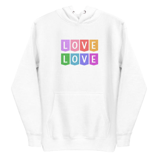 The Pridelity Love Love Hoodie is a white hoodie showcasing a colorful block design on the chest, with the word "LOVE" written twice and each letter featured in its own square. The vibrant colors—pink, purple, orange, green, and blue—make it an ideal addition to your pride shirts collection. It also includes a front pocket and drawstring hood for added comfort and style.