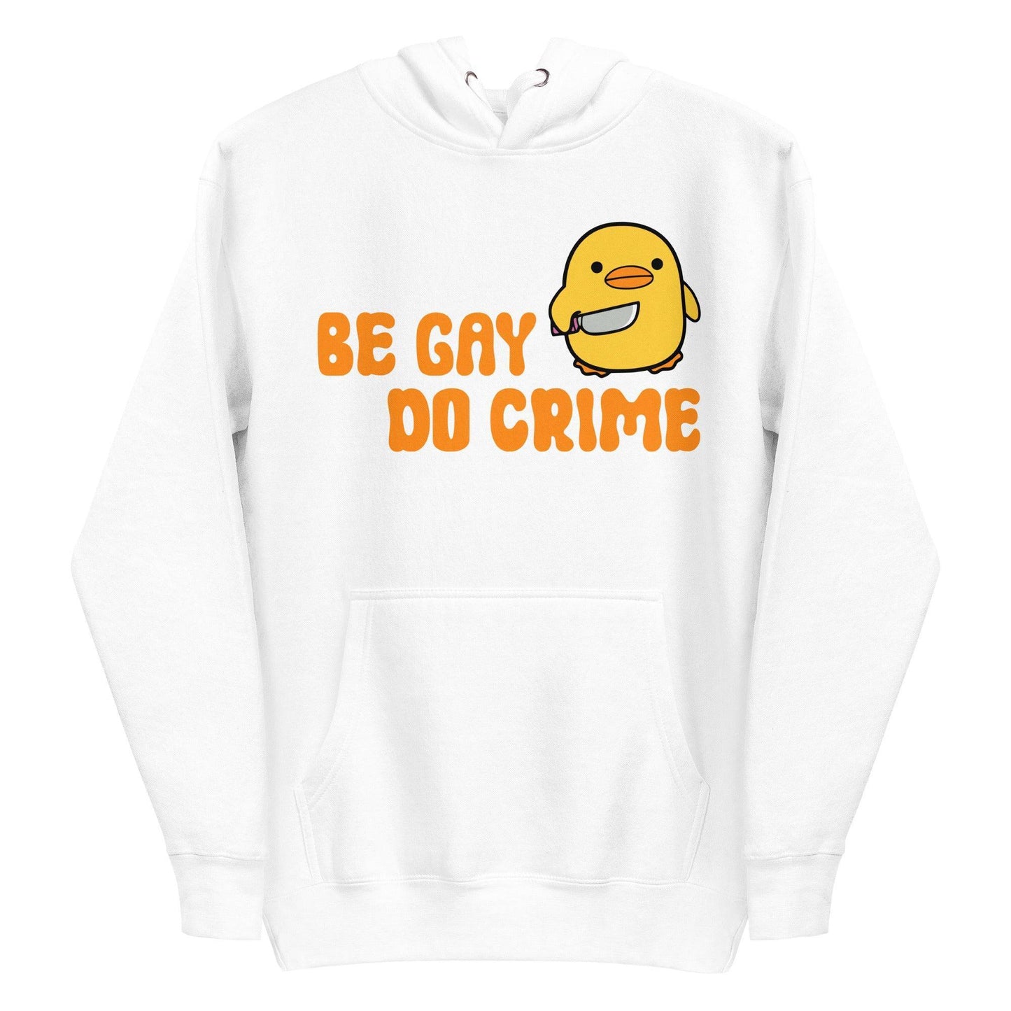 Introducing the "Be Gay Do Crime Hoodie" by Pridelity from our Pride Merch collection, showcasing a cute yellow bird holding a knife with striking orange text.