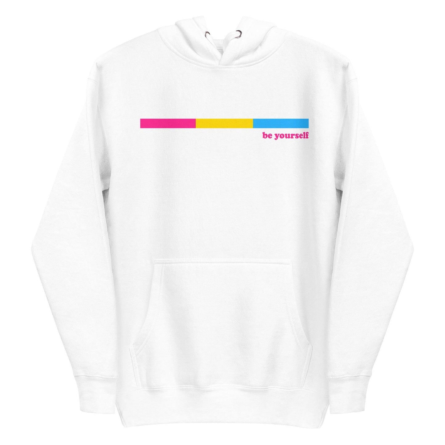 Celebrate your individuality with Pridelity's Pansexual Hoodie in black, showcasing a sleek and minimalist design. It features a striking horizontal bar in magenta, yellow, and blue, accompanied by the empowering text "be yourself" in pink—making it not just an item of clothing, but a bold statement.