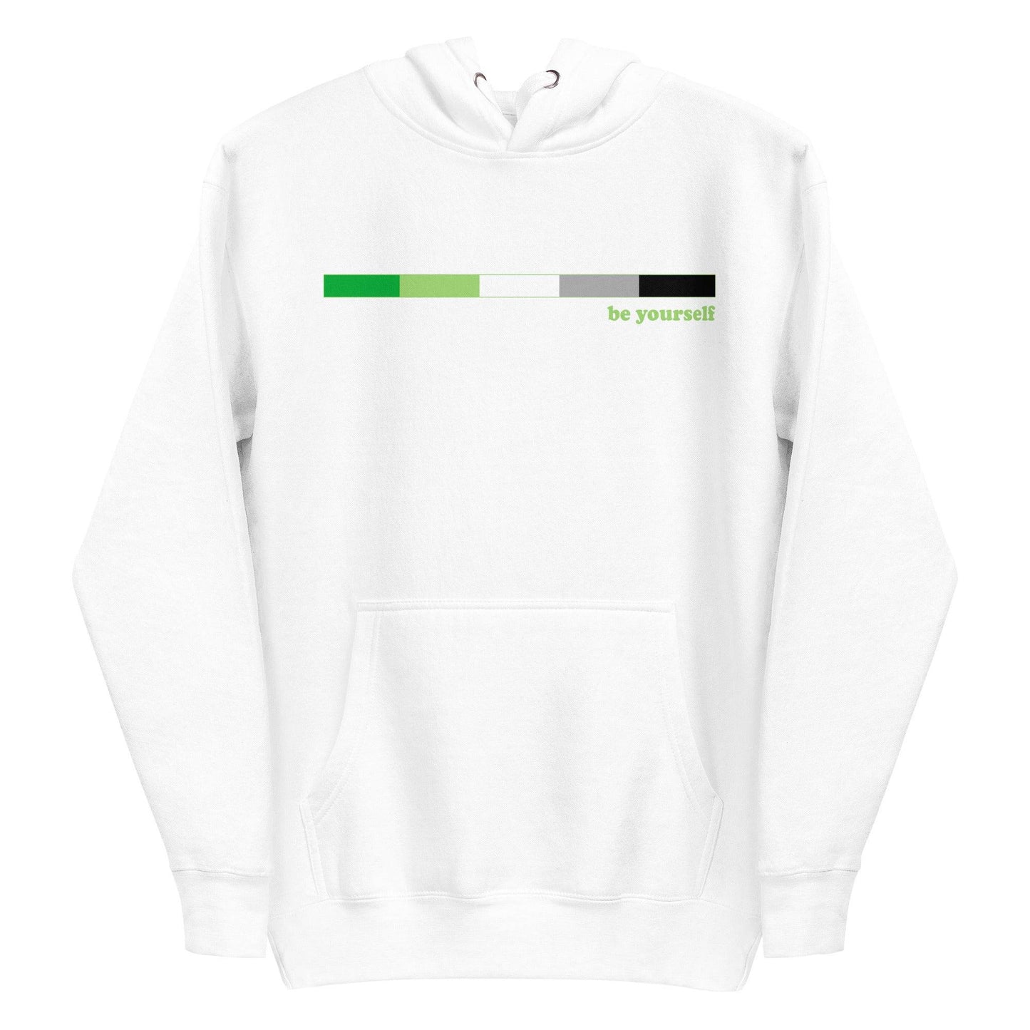 Introducing the Aromantic Hoodie from Pridelity's Pride Merch collection. This black hoodie showcases a rectangular progress bar design in shades of green and white, with "be yourself" elegantly placed on the upper right. Featuring a large front pocket and a drawstring hood, it's perfect for expressing your true colors.