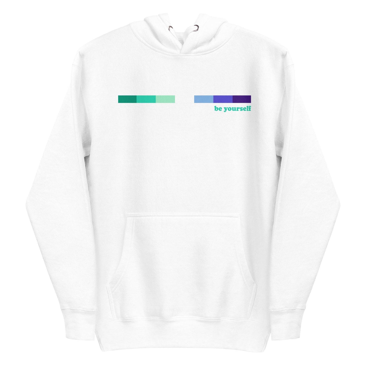 The Pridelity Gay Men Hoodie in Navy Blazer showcases a series of horizontal color blocks in shades of green, blue, and teal. The phrase "be yourself" is elegantly printed in light green on the right side of the color blocks. This hoodie also features a handy front pocket for added convenience.