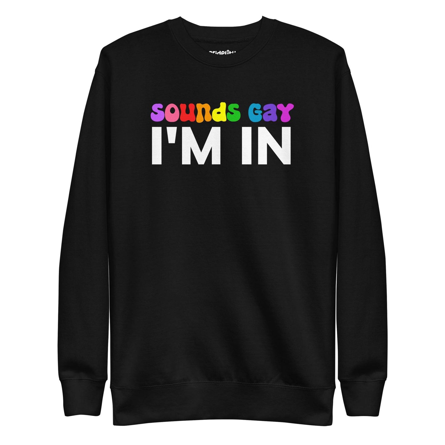 The Pridelity Sounds Gay Sweatshirt is a black top from our pride collection, showcasing the vibrant and playful text "SOUNDS GAY I'M IN.