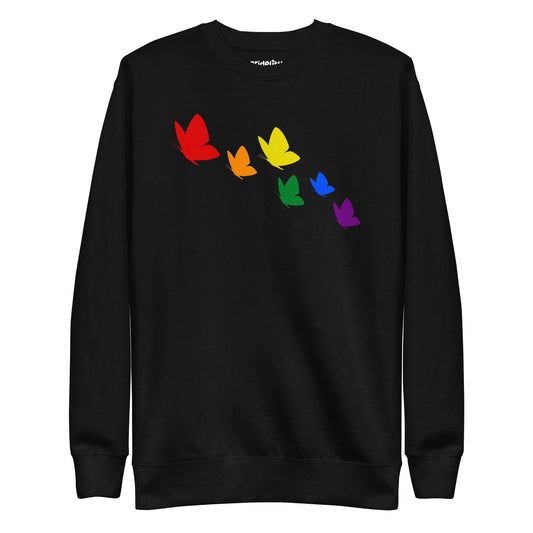 Introducing the "Butterflies Sweatshirt" by Pridelity: a white sweatshirt adorned with a striking pride design featuring six butterflies arranged diagonally. Each butterfly displays a unique color—red, orange, yellow, green, blue, and purple—celebrating diversity with its captivating rainbow effect as part of our Pride Collection.