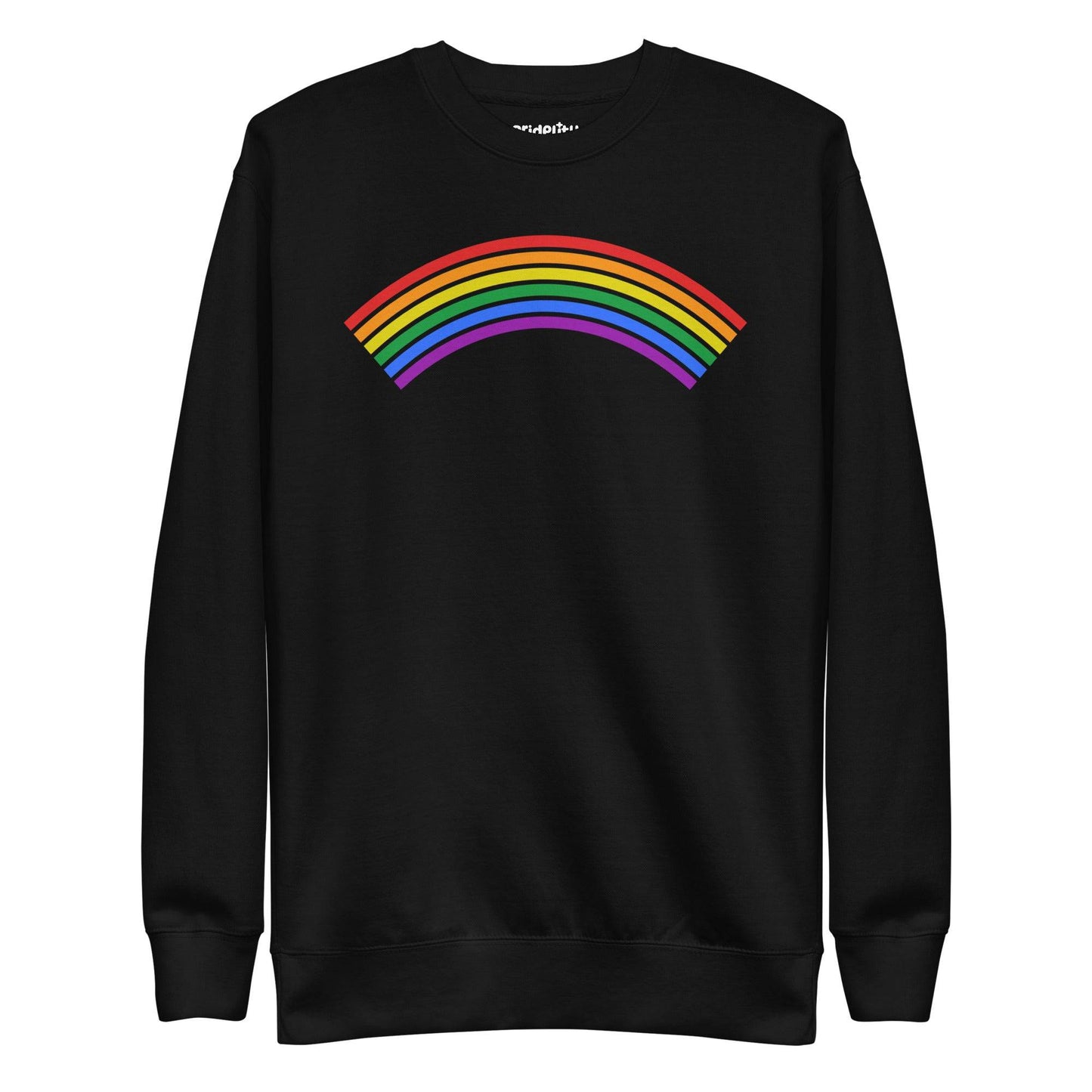 Black Rainbow Sweatshirt by Pridelity from the pride collection, showcasing a vibrant rainbow graphic on the front with red, orange, yellow, green, blue, and purple stripes.