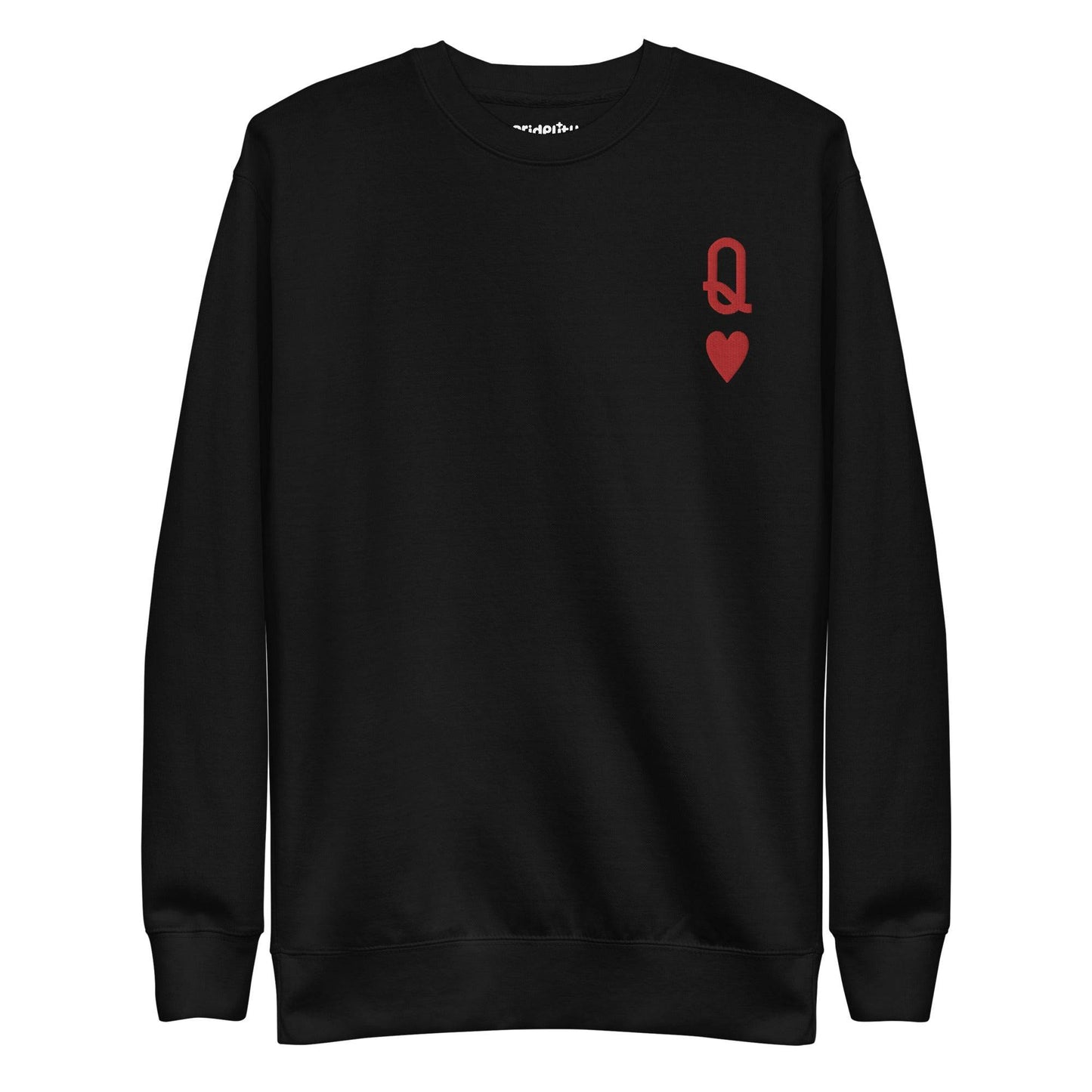Introducing the Queen of Hearts Sweatshirt by Pridelity: This black sweatshirt is part of our pride collection and showcases a small red Queen of Hearts symbol on the upper left chest. The design, featuring a "Q" above a heart, offers a subtle yet bold addition to your pride ensemble.
