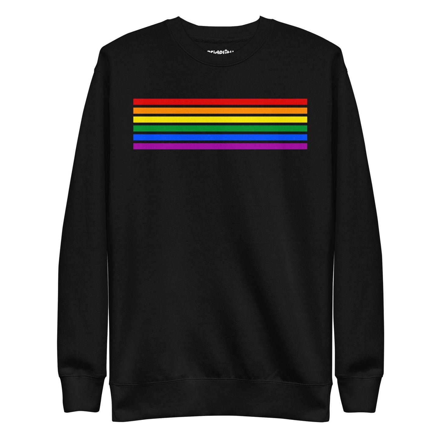Carbon Grey Rainbow Stripes Sweatshirt by Pridelity, featuring vibrant horizontal stripes in red, orange, yellow, green, blue, and purple across the chest—a standout piece from our pride collection.
