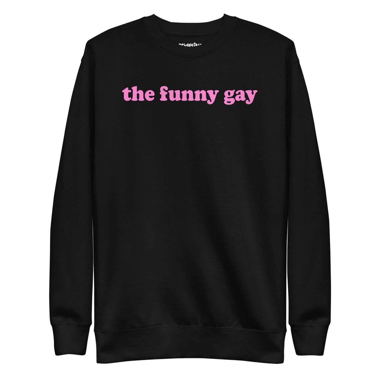 A standout piece for your pride collection, the Pridelity "The Funny Gay" Sweatshirt is a white top showcasing the phrase "the funny gay" in pink lowercase letters across the chest.