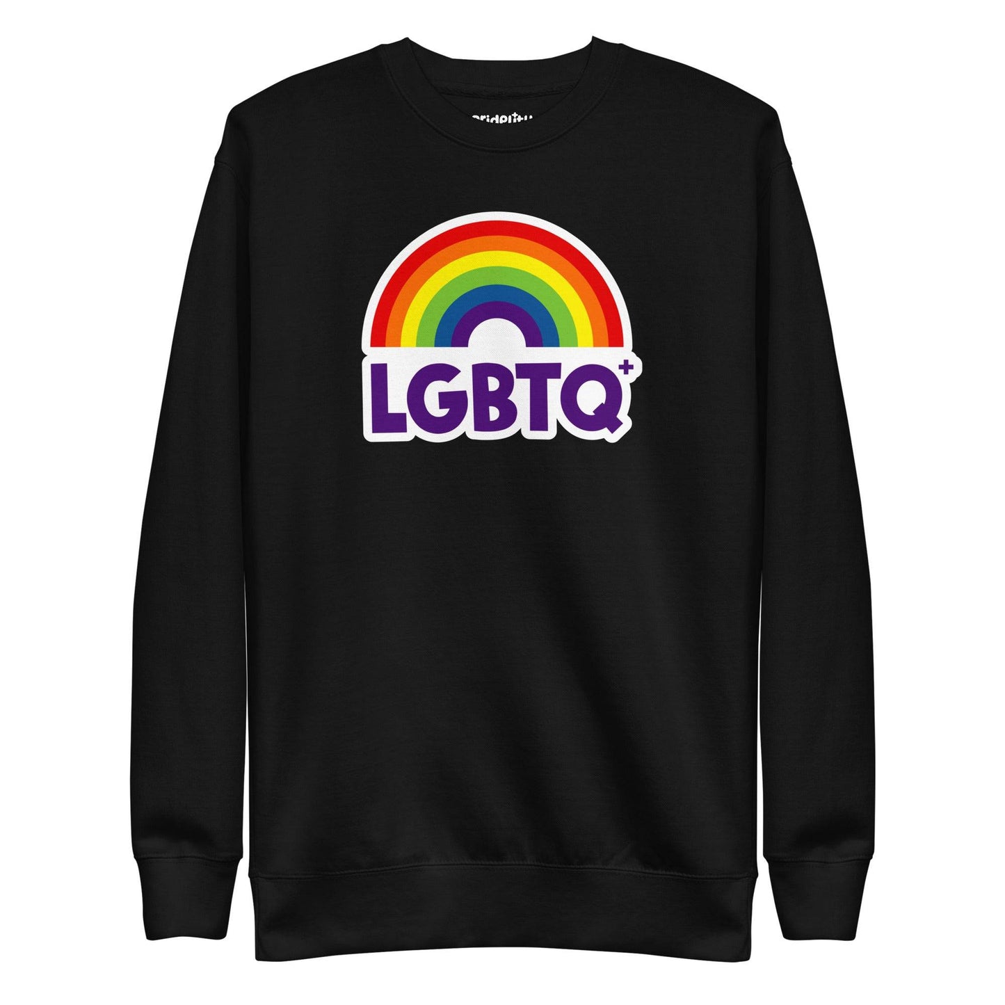 Introducing the Pridelity LGBTQ+ Sweatshirt in black, featuring a dynamic rainbow design with an arc and the word "LGBTQ+" in bold purple lettering.