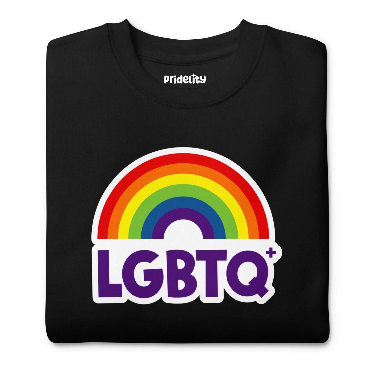 Introducing the Pridelity LGBTQ+ Sweatshirt in black, featuring a dynamic rainbow design with an arc and the word "LGBTQ+" in bold purple lettering.