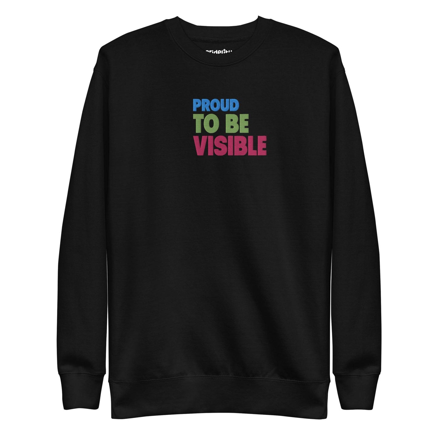 Proud To Be Visible Sweatshirt by Pridelity features the phrase "PROUD TO BE VISIBLE" in blue, green, and red on the front—an essential item from our pride collection.