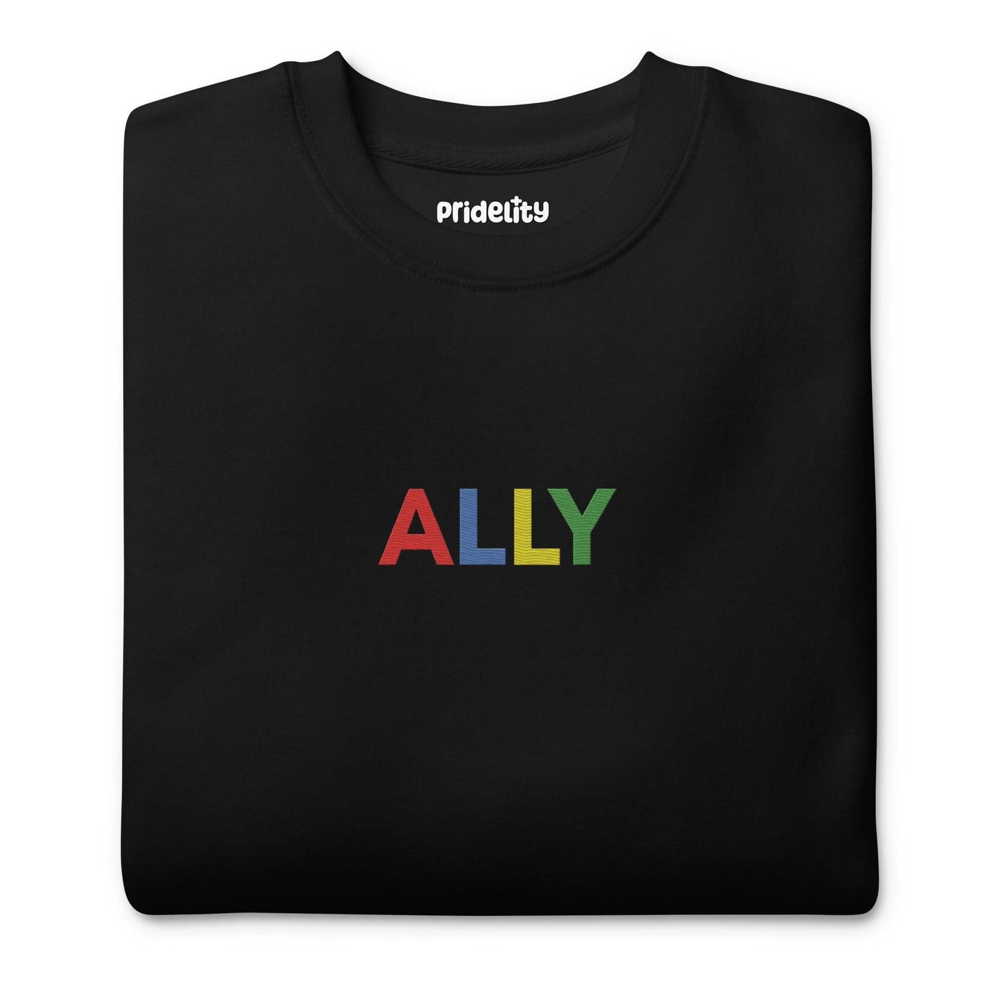 Black "Ally Sweatshirt" by Pridelity, featuring the word "ALLY" in bold, colorful letters on the front, is a standout piece from our Pride Collections.