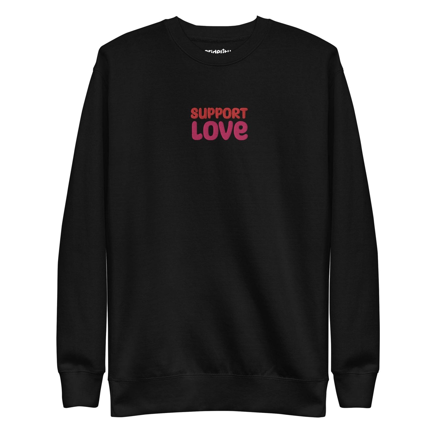 Dusty rose sweatshirt from Pridelity featuring "SUPPORT LOVE" in bold, purple lettering on the front. As part of our pride collection, this simple yet central design makes a proud statement.
