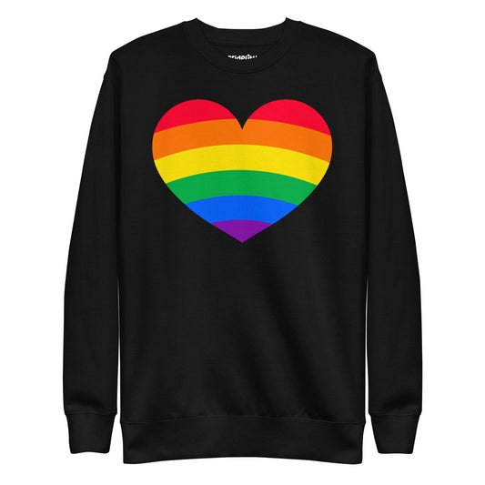 The Big Heart Sweatshirt by Pridelity from the Pride Collection showcases a large heart design with rainbow stripes, symbolizing LGBTQ+ pride. This vibrant heart design beautifully contrasts with the gray fabric background.