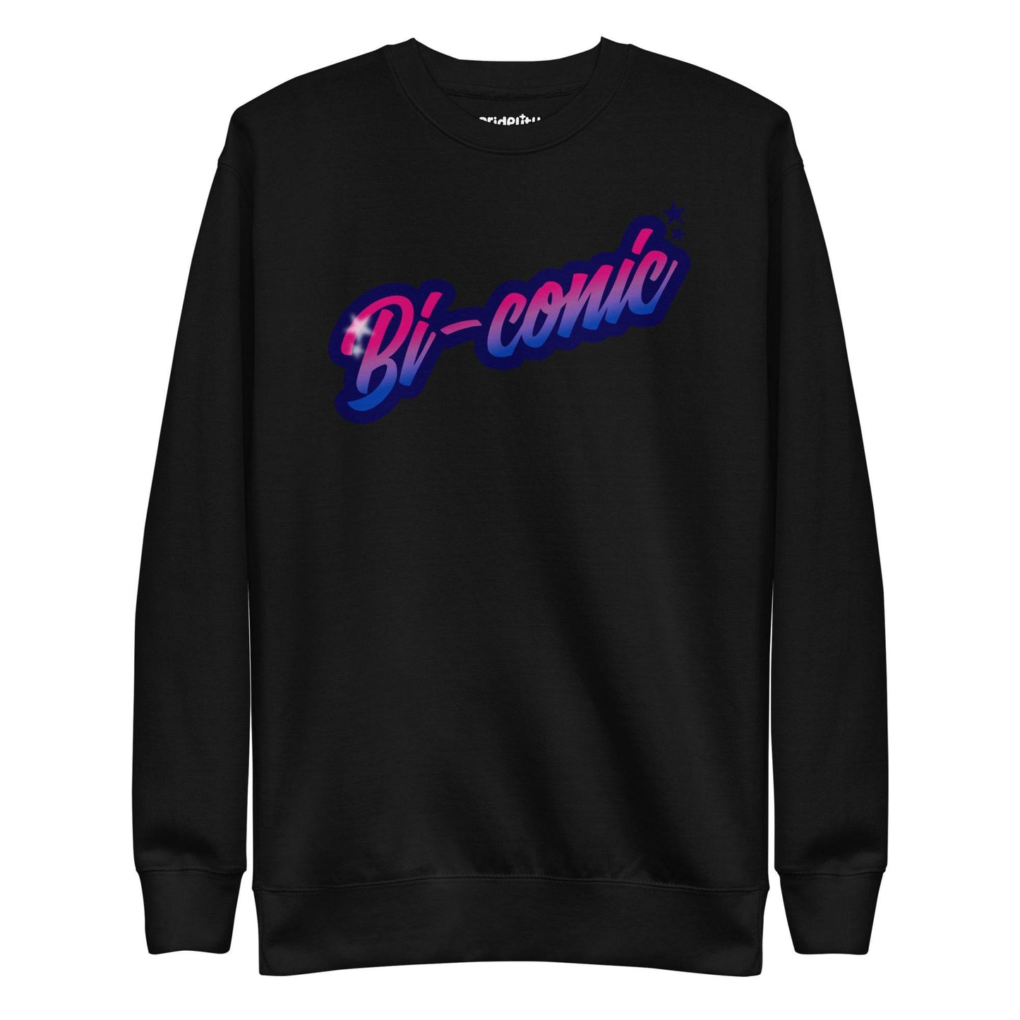 This exclusive Pride Merch piece, the Bi-Conic Sweatshirt by Pridelity, features a gray design with "Bi-conic" in a stylized pink and blue gradient text on the front, highlighted by a small star, celebrating identity with style and flair.