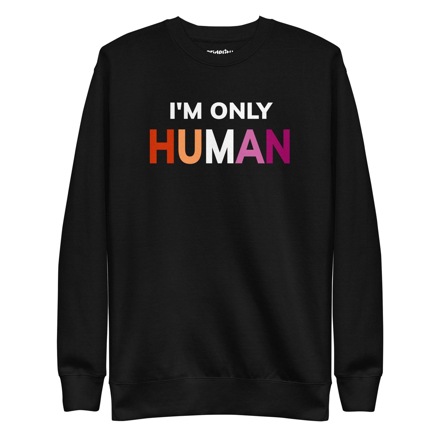Introducing the "I'm Only Human" Sweatshirt by Pridelity—a black garment emblazoned with the phrase "I'M ONLY HUMAN" in striking white letters, enhanced with a lively rainbow color design across the front.