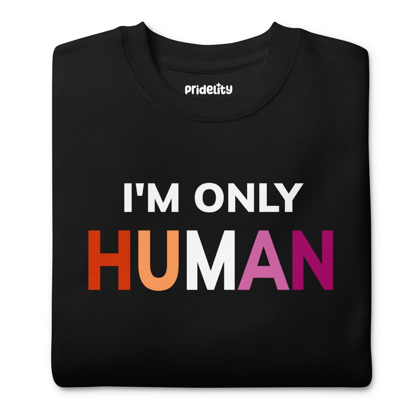 Introducing the "I'm Only Human" Sweatshirt by Pridelity—a black garment emblazoned with the phrase "I'M ONLY HUMAN" in striking white letters, enhanced with a lively rainbow color design across the front.
