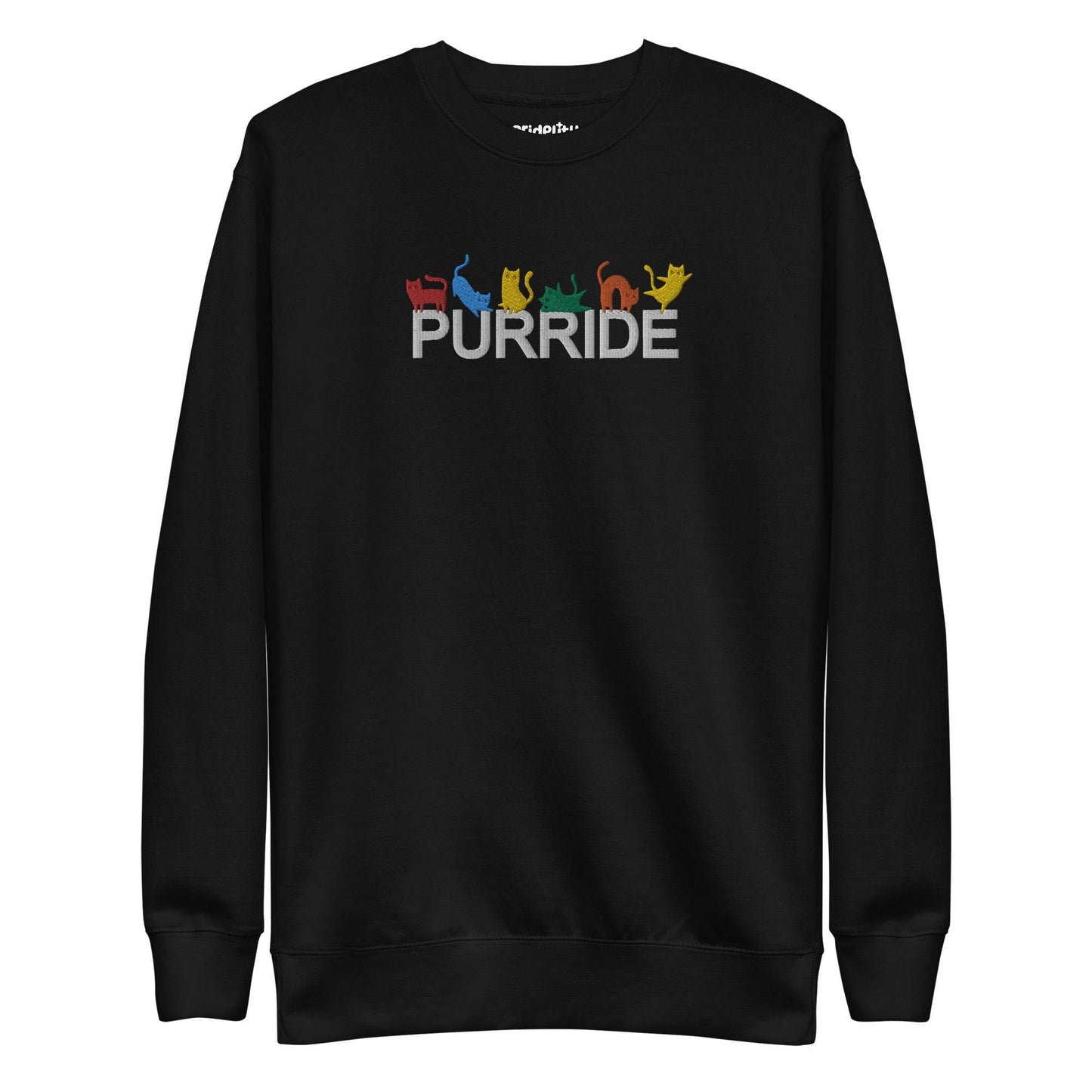 The Purride Sweatshirt by Pridelity is a black sweatshirt from the pride collection, showcasing the word "PURRIDE" across the chest. Above this, colorful silhouettes of cats in playful poses represent every shade of the rainbow.